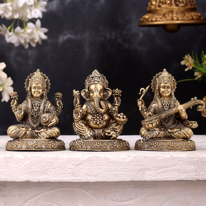 Brass Superfine Ganesh Lakshmi Saraswati Idols on Round Base — Highly Detailed 4 inch