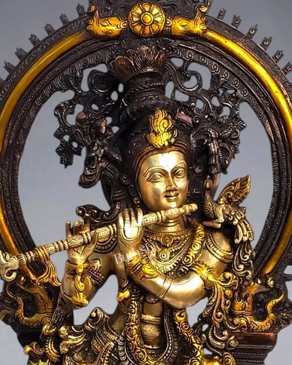 Pure Superfine Brass Krishna Statue with Large Embossed Prabhavali (32 Inch) three tone