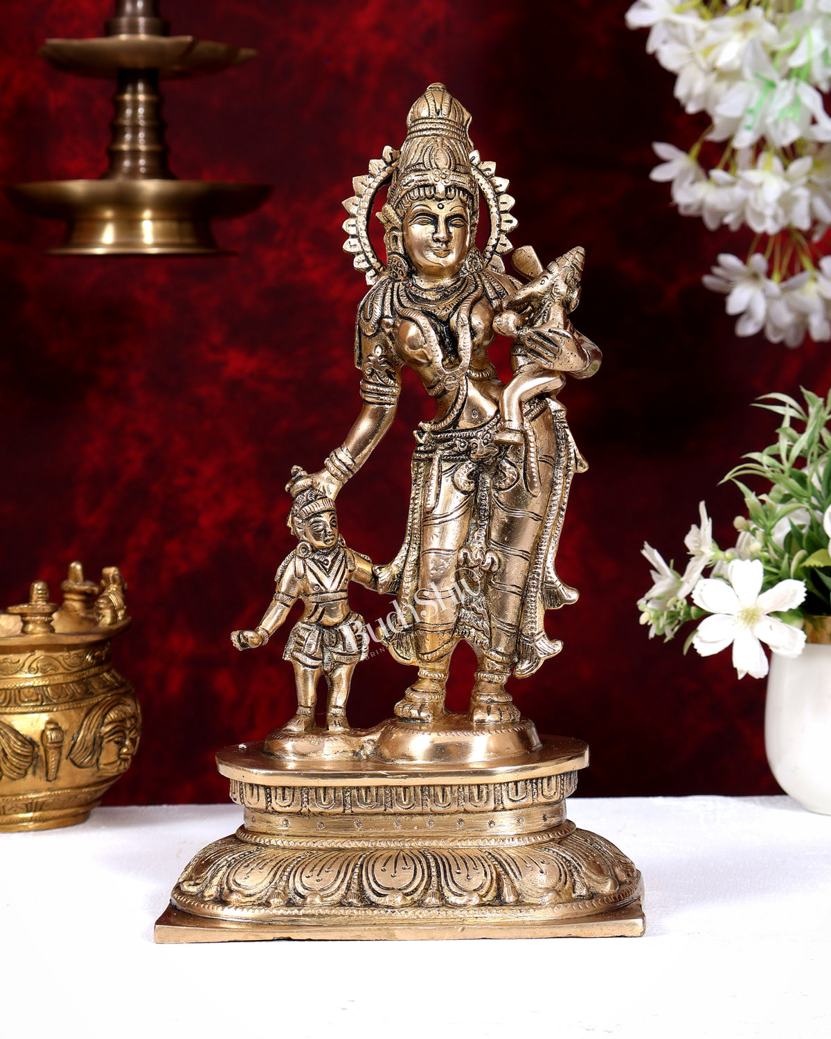 Graceful 11-Inch Brass Goddess Parvati with Ganesha and Kartikeya Statue