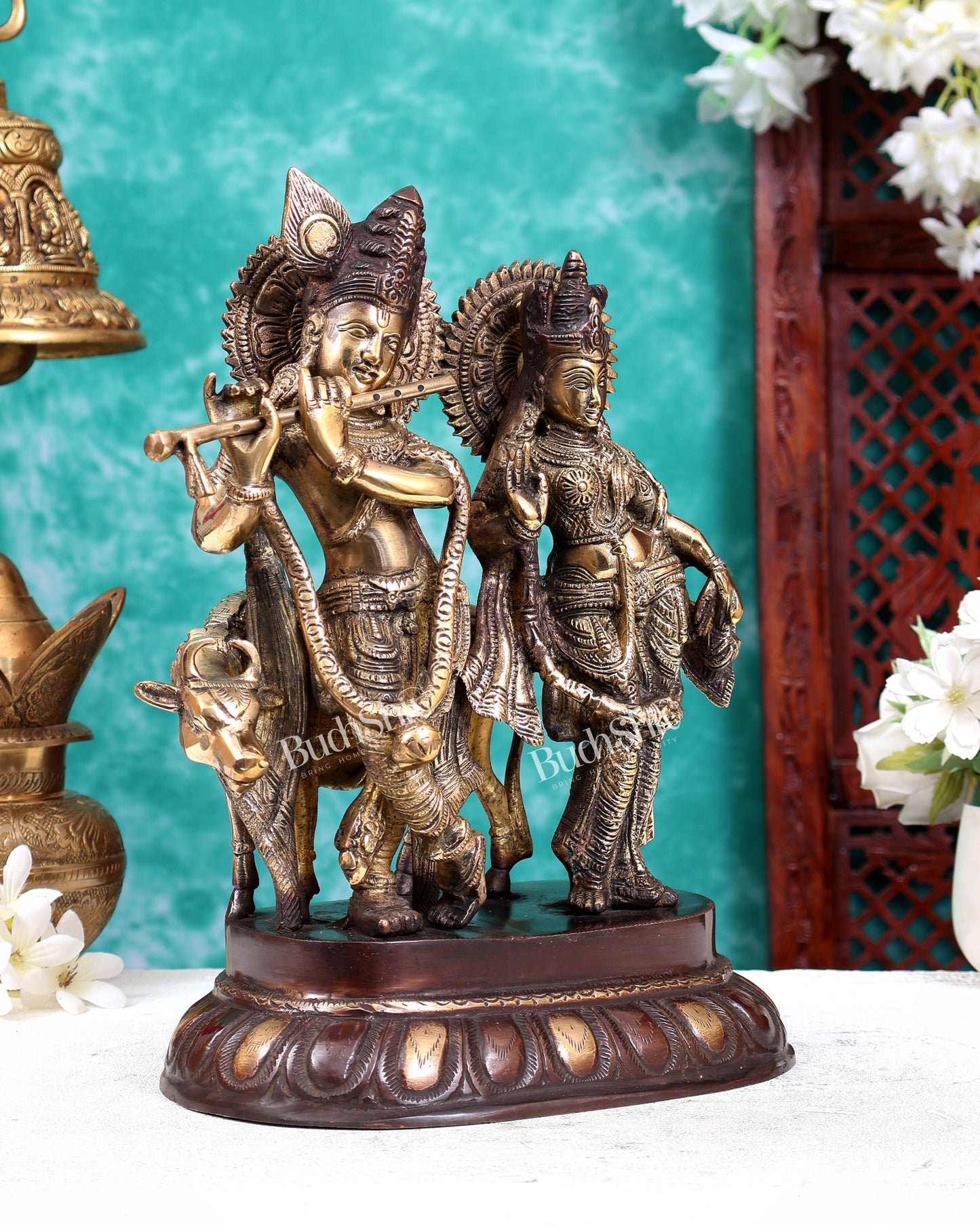 Brass Radha Krishna with Cow Idol – Dual Tone Finish 12.5 inch