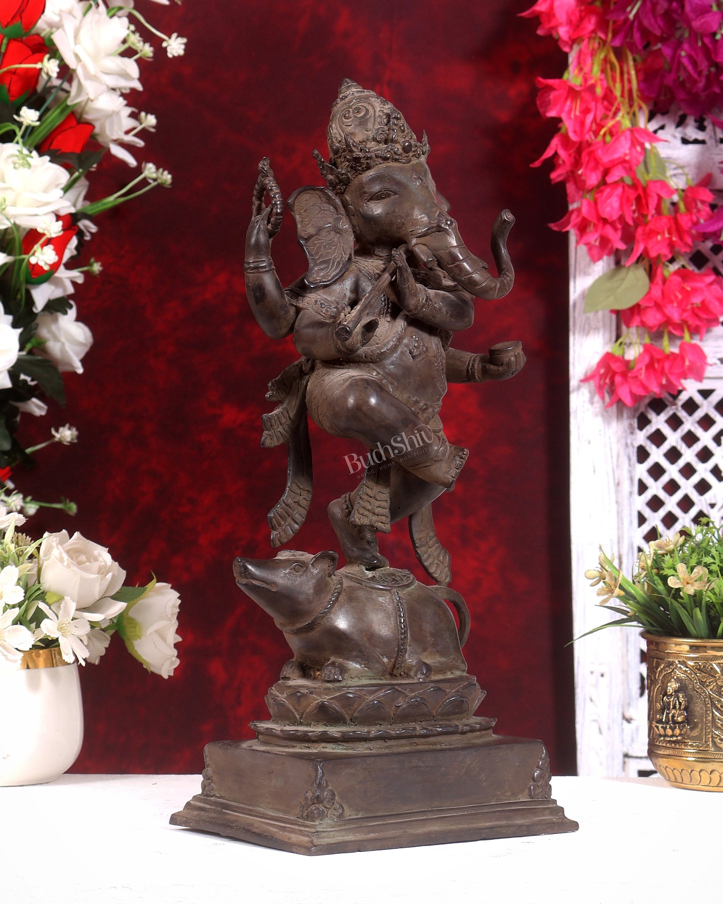 Bronze Dancing Ganesha Playing Flute Statue | Lost Wax Casting | 16.5 inch