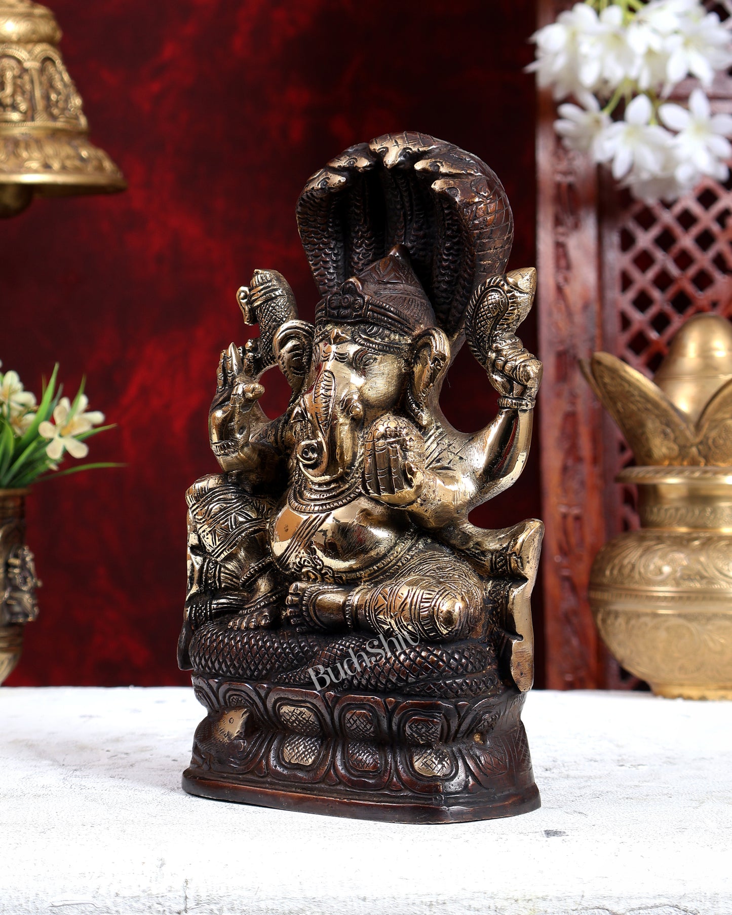 Unique Brass Lord Ganesha with Naag – Dual Tone Brown Gold Finish 8.6 inch