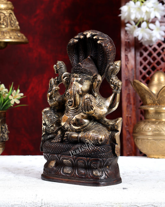 Unique Brass Lord Ganesha with Naag – Dual Tone Brown Gold Finish 8.6 inch