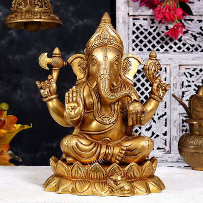 Brass Ganesha Lakshmi Saraswati on Lotus — Idol Set 10.5 inch