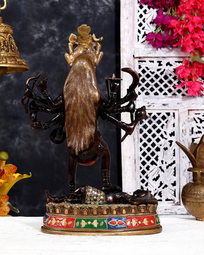 Pure Brass Vintage Goddess Kali Dashbhuja Idol | 14 inch with meenakari and shringaar