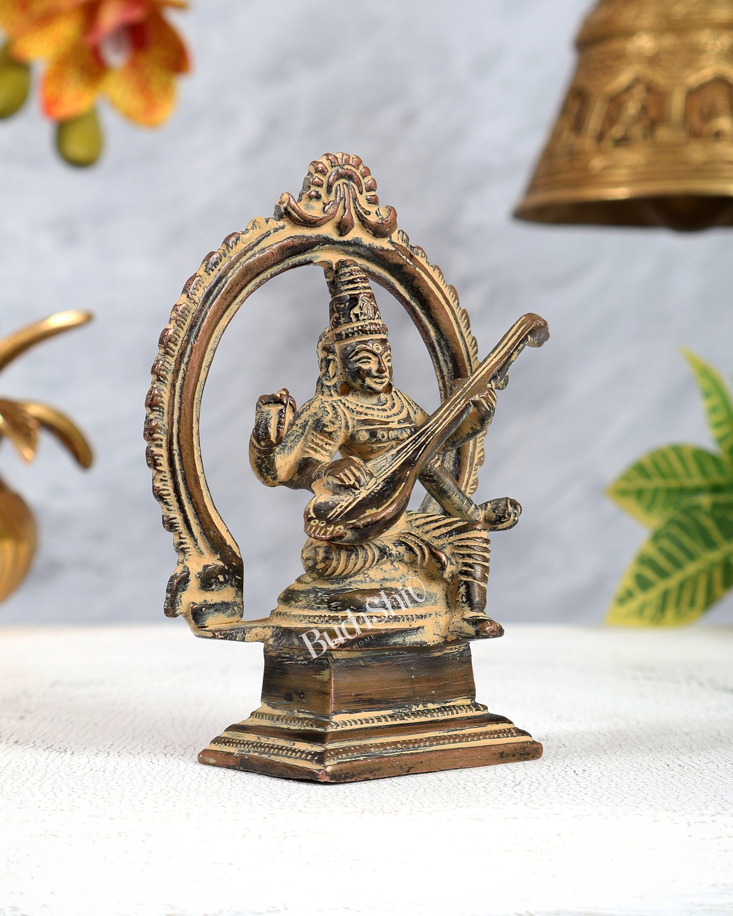 Brass Traditional Goddess Saraswati Idol – Vintage Copper Sand Finish Miniature Statue (4.3 Inches)