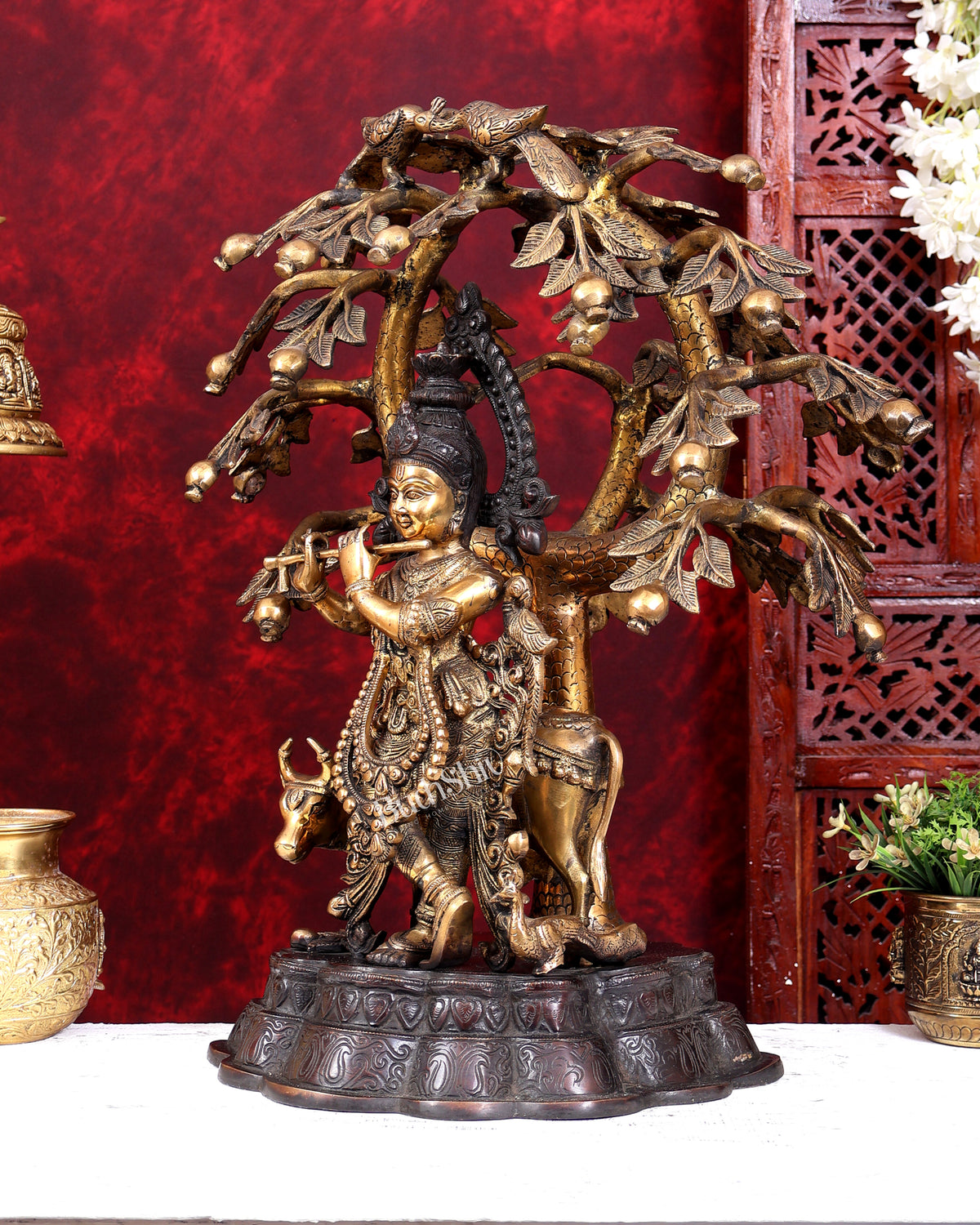 Dual Tone Brass Krishna with Cow Under Large Tree | 22 Inch Statue