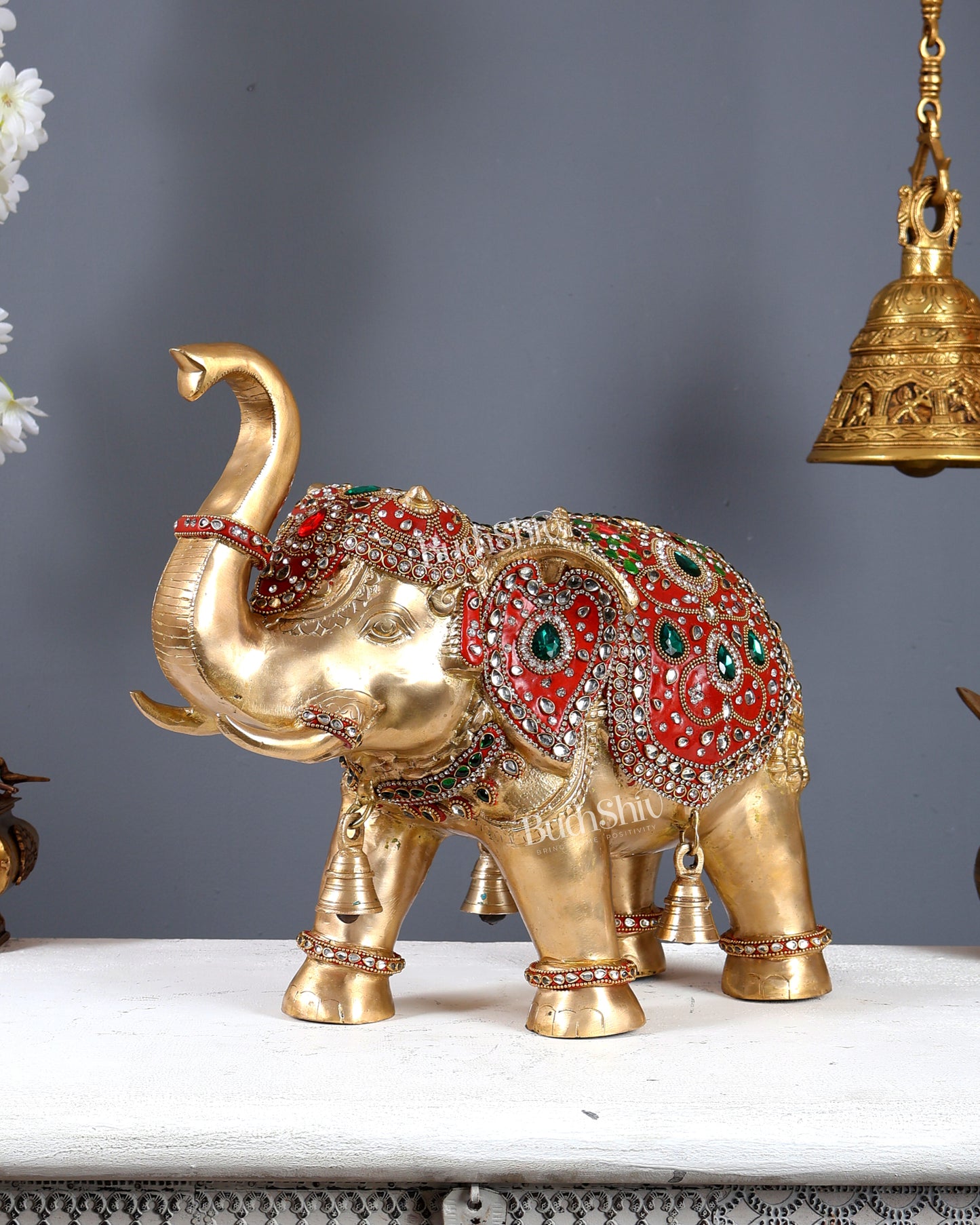 Brass Maharaja Elephant Showpiece – Rajasthani Meenakari & Stone Work Royal Décor (15 Inch wide)