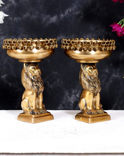 Brass Sitting Lion with Urli – Decorative & Auspicious Artefact 9.5 inch pair