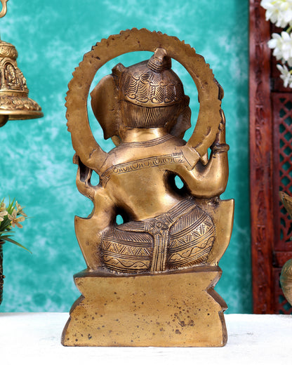 Antique Finish Brass Unique Ganesha Statue Playing Flute 13.1 inch