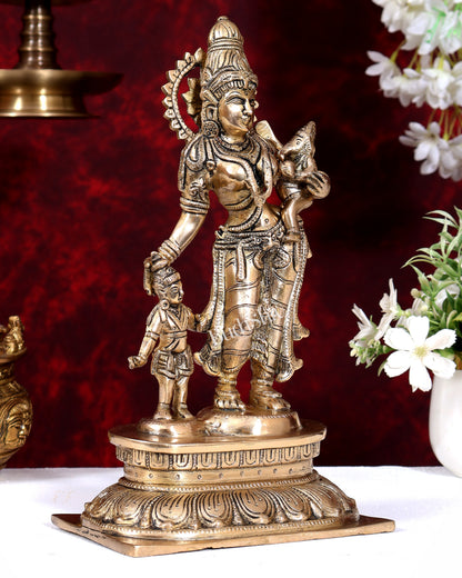 Graceful 11-Inch Brass Goddess Parvati with Ganesha and Kartikeya Statue