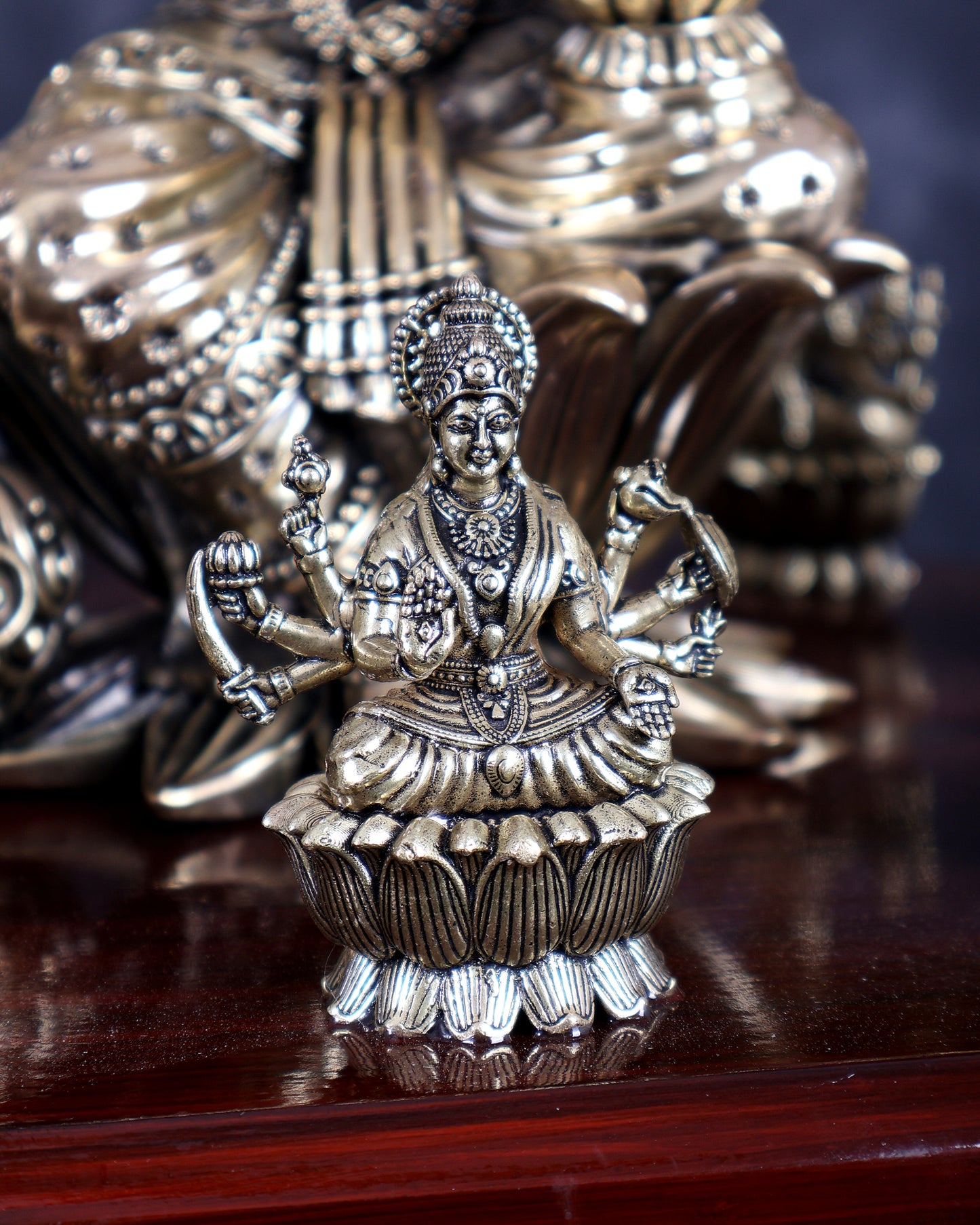 Brass Superfine Mahalakshmi with Ashtalakshmi Idols on Teak Wood Base with Hanging Bells – Divine Prosperity Ensemble (15 Inches)