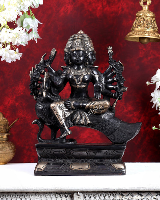 Pure Brass Large Aarumugam Murugan Sitting on a Peacock – Kartikeya Swamy Idol 16" black finish