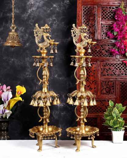 Brass Peacock Oil Lamp with Bells & Multiple Diyas Pair – Grand Traditional Temple Samai Deepam 34 inch