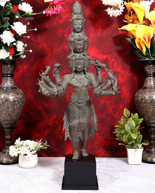 Balinese Bronze Walking Avalokitesvara | 9 Faces & 10 Arms on Wooden Base | 33 Inch Bodhisattva Sculpture