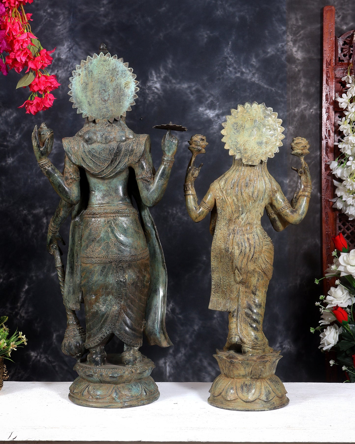Balinese Bronze Vishnu & Lakshmi Standing Idol Pair 33 inch