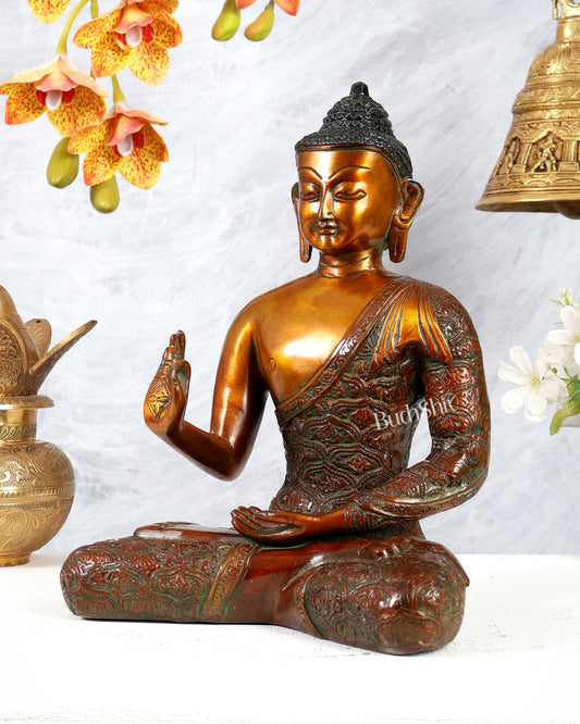 Brass Buddha Abhaya Mudra Statue – Chola Bronze Tone Blessing Sculpture (11 Inches)