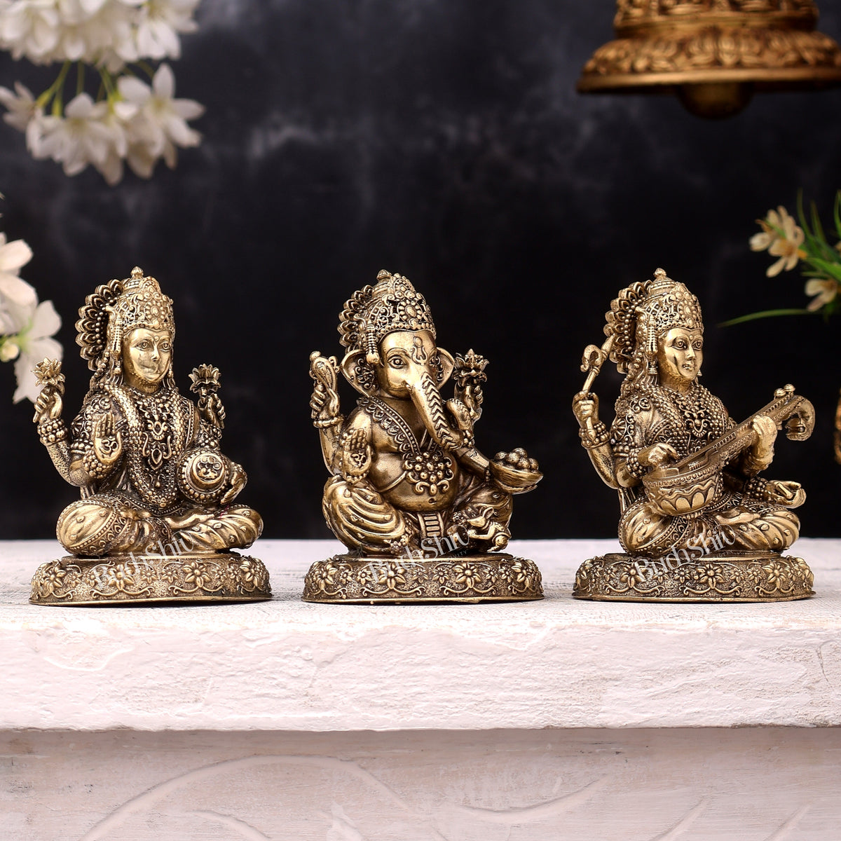 Brass Superfine Ganesh Lakshmi Saraswati Idols on Round Base — Highly Detailed 4 inch