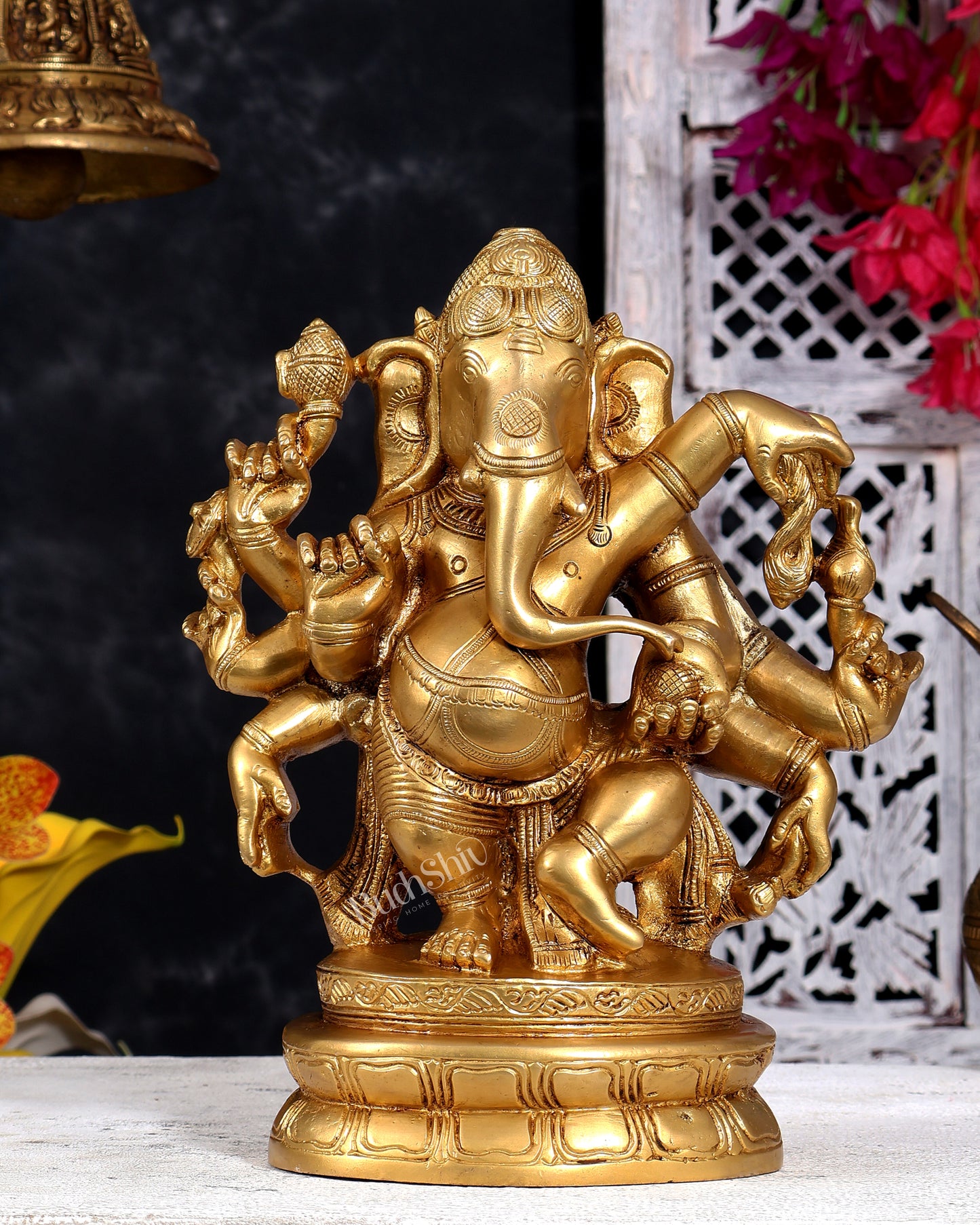 Heavy Brass Dancing Ganesha with 8 Arms Sculpture 10 inch