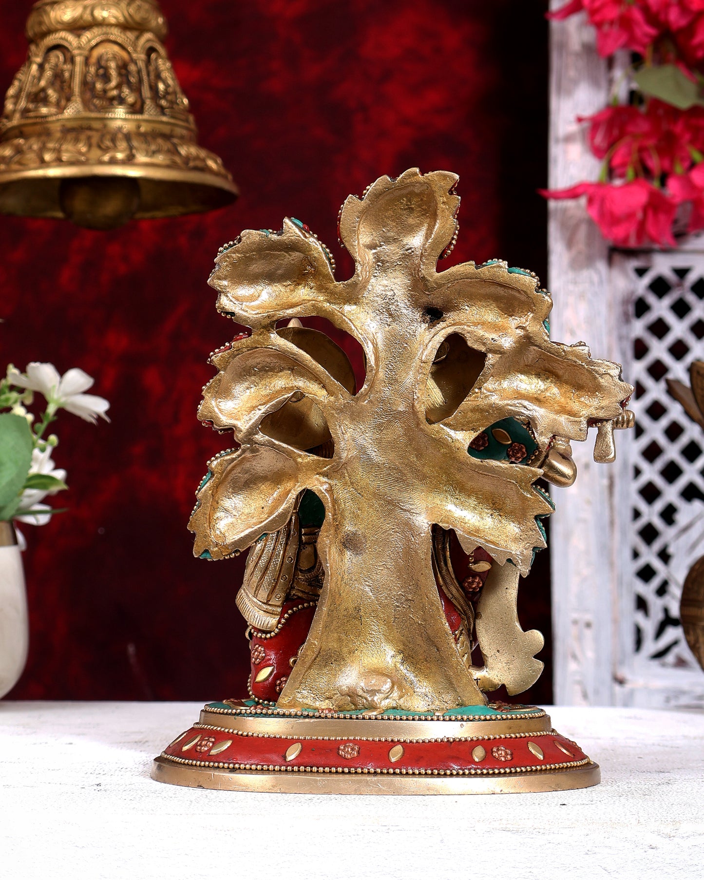 Pure Brass Superfine Radha Krishna Standing Under Kalpavriksha Statue 8 inch with Stonework