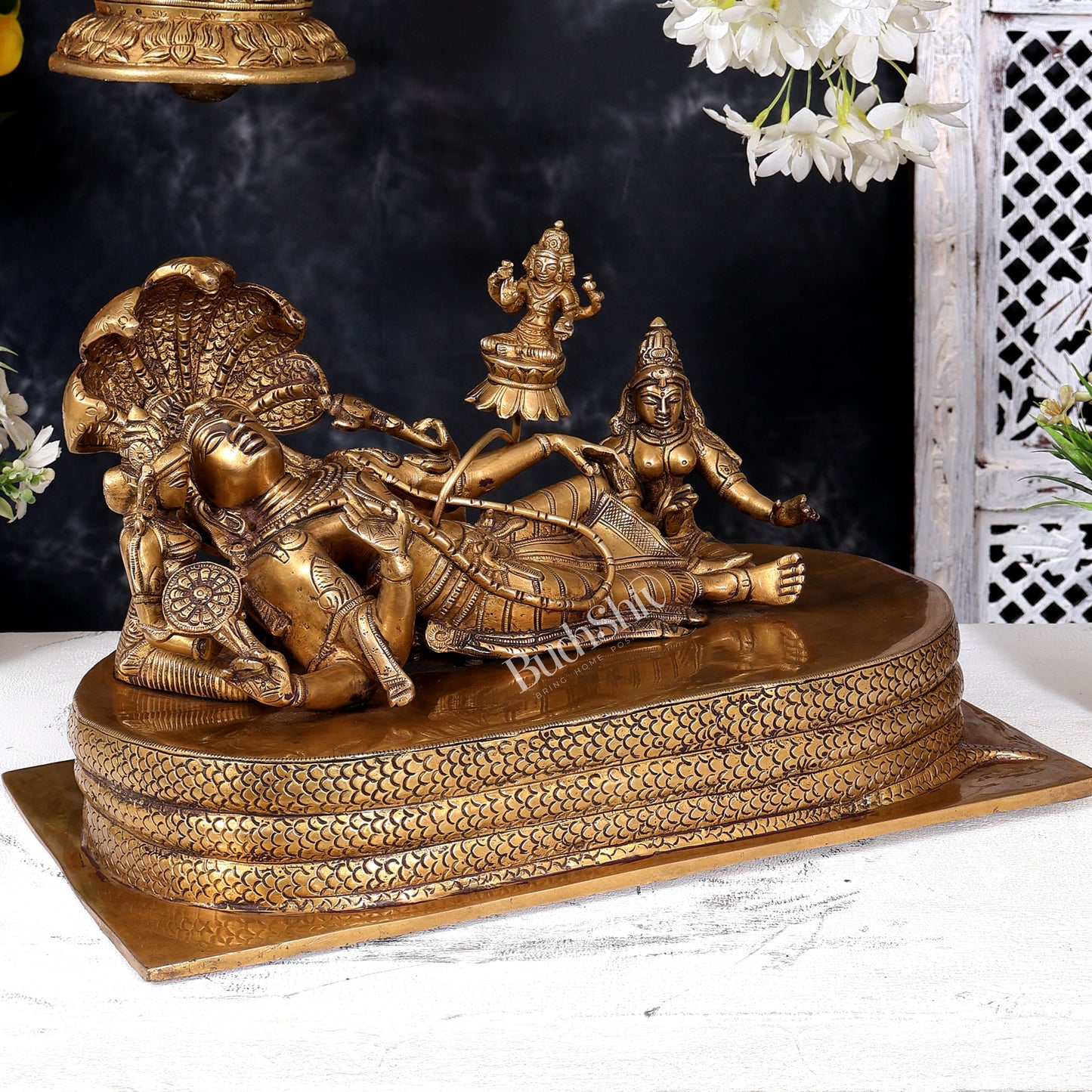 Brass Ananta Shayana Vishnu on Sheshanaag with Bhudevi, Sridevi & Brahma 15.5 inch wide