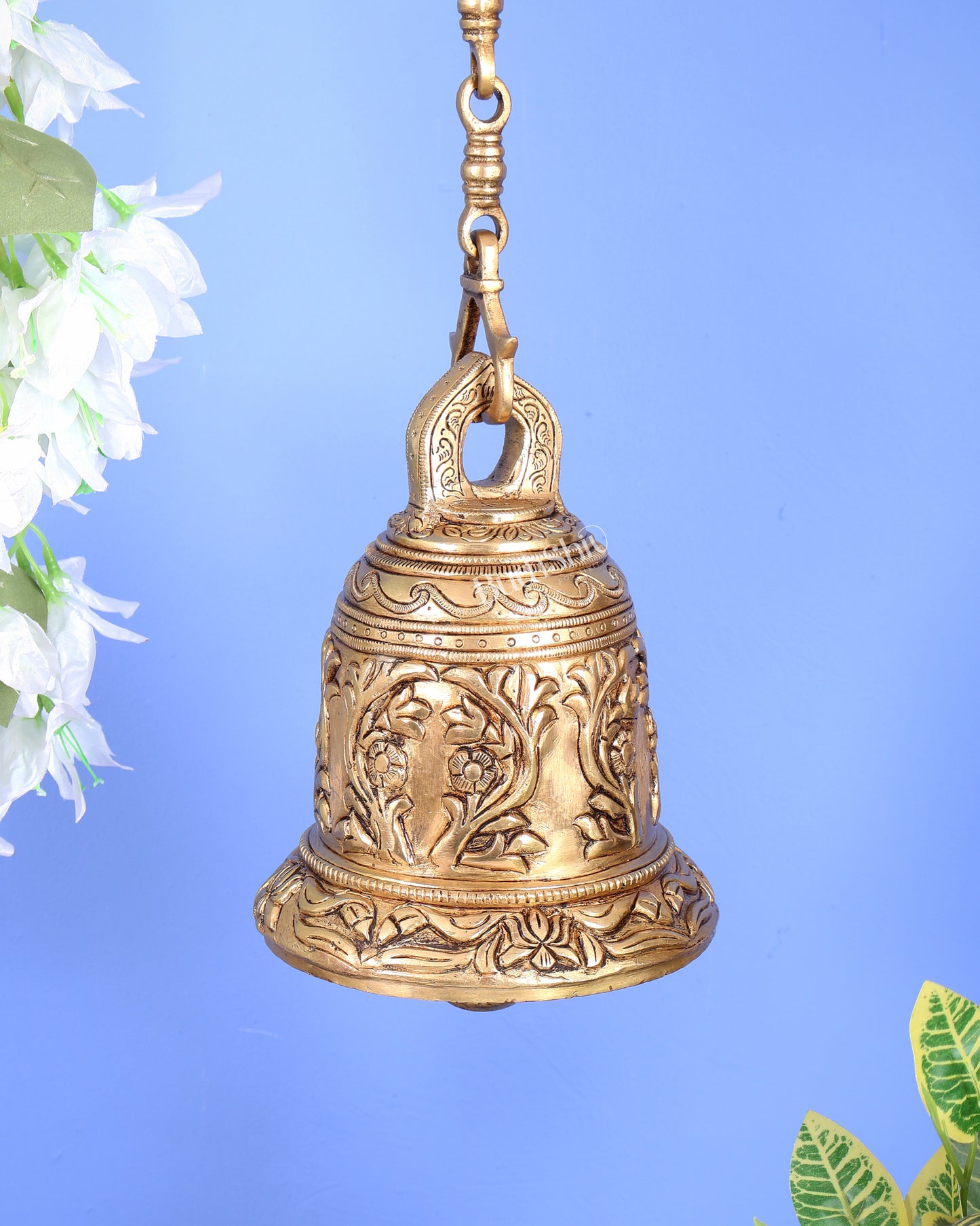 Pure Brass Heavy Hanging Temple Bell with Floral Design – Traditional Decorative Ghanti