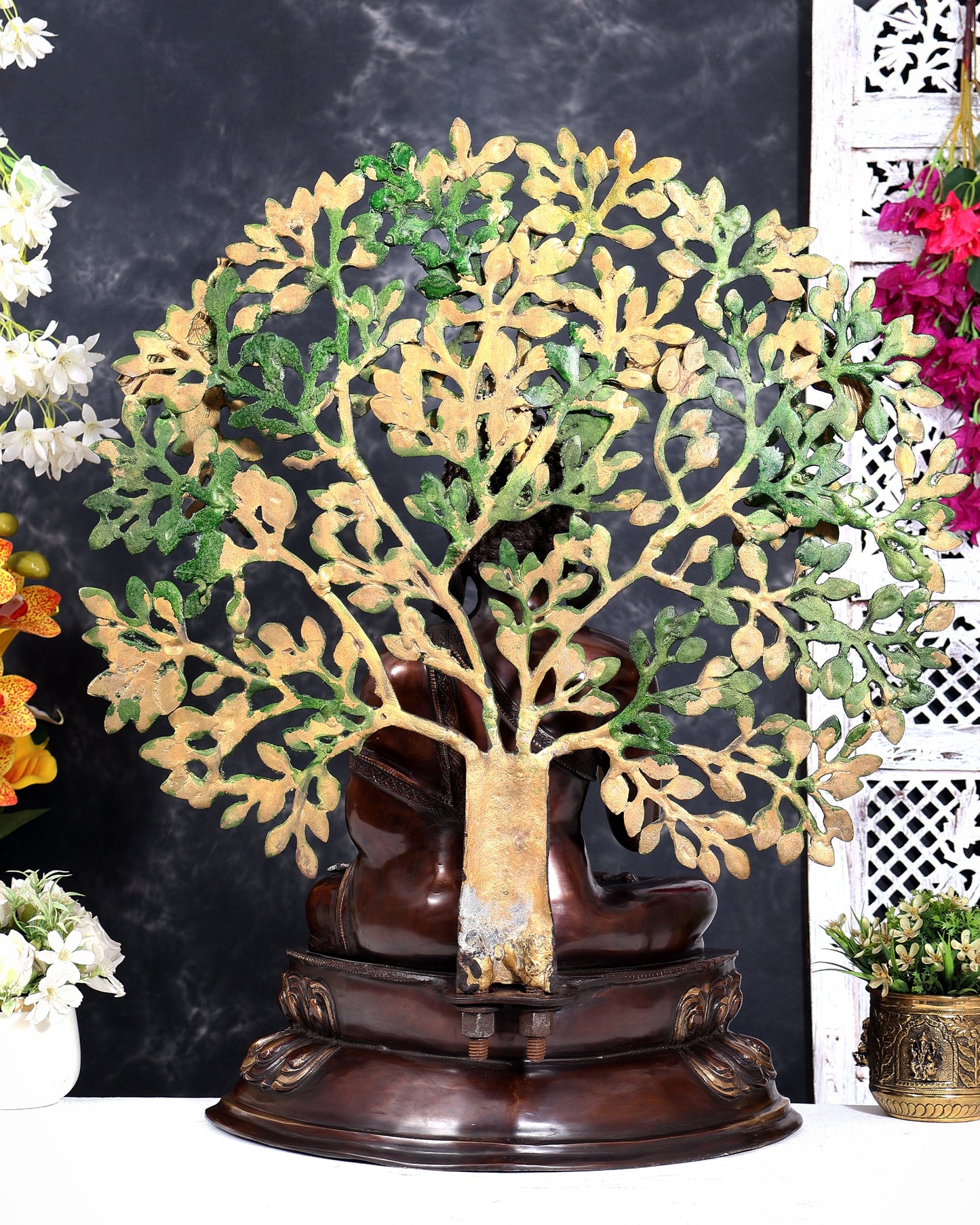 Brass Buddha with Kalpavriksha Tree — Three-Tone Heat-Treated Finish 26 inch