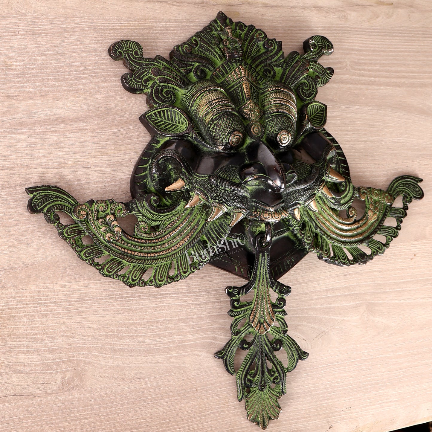 Brass Large kirtimukha Yali wall hanging face Nazarbattu 18" Black and green vintage
