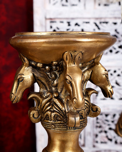 Brass Horse Design Pillar Candle Stand — Classic Theme  14 inch