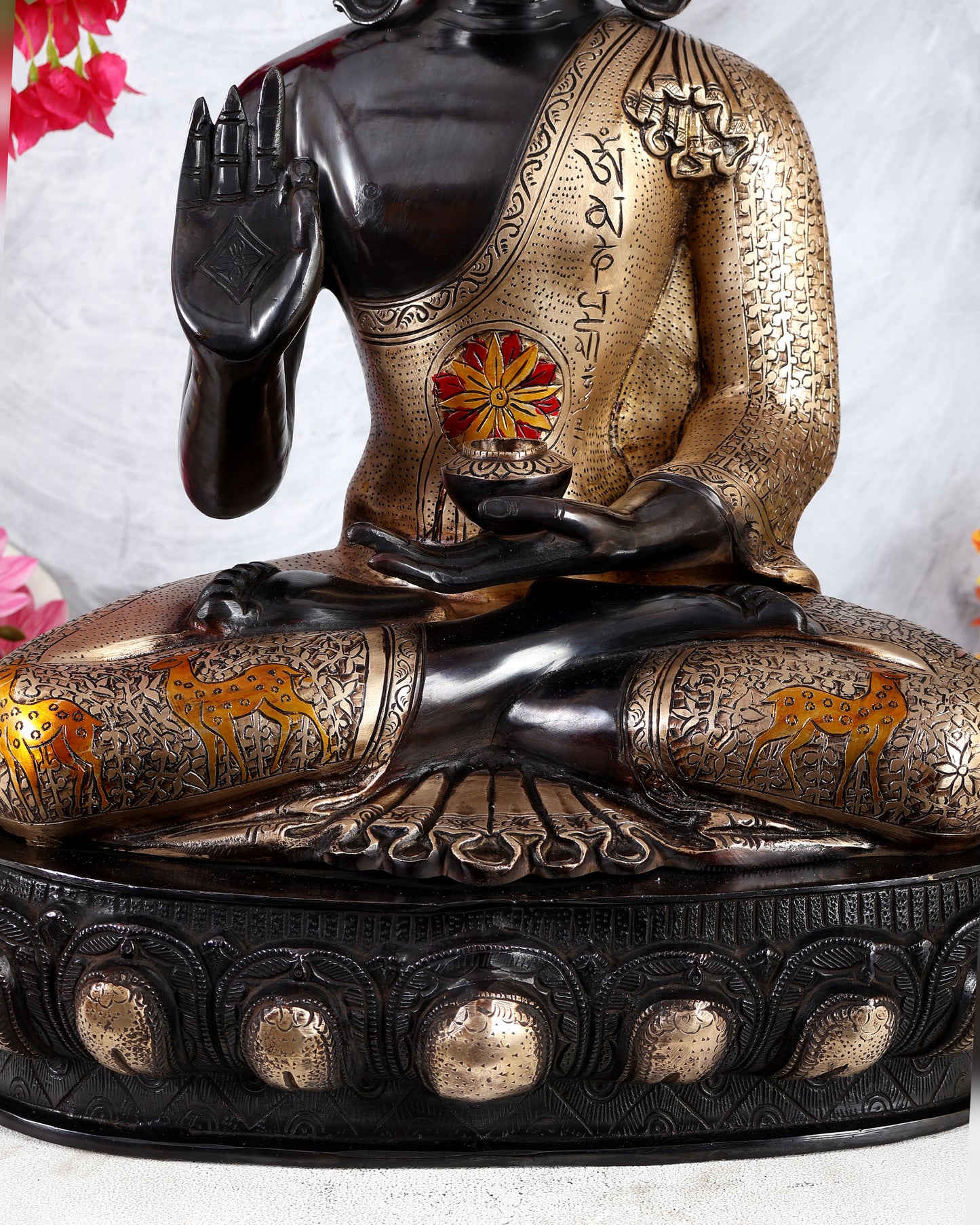 Brass Handcrafted Buddha Statue in Black Tone with Mandala, Mantra & Deer Motifs – Grand Meditation Sculpture (23 Inches)