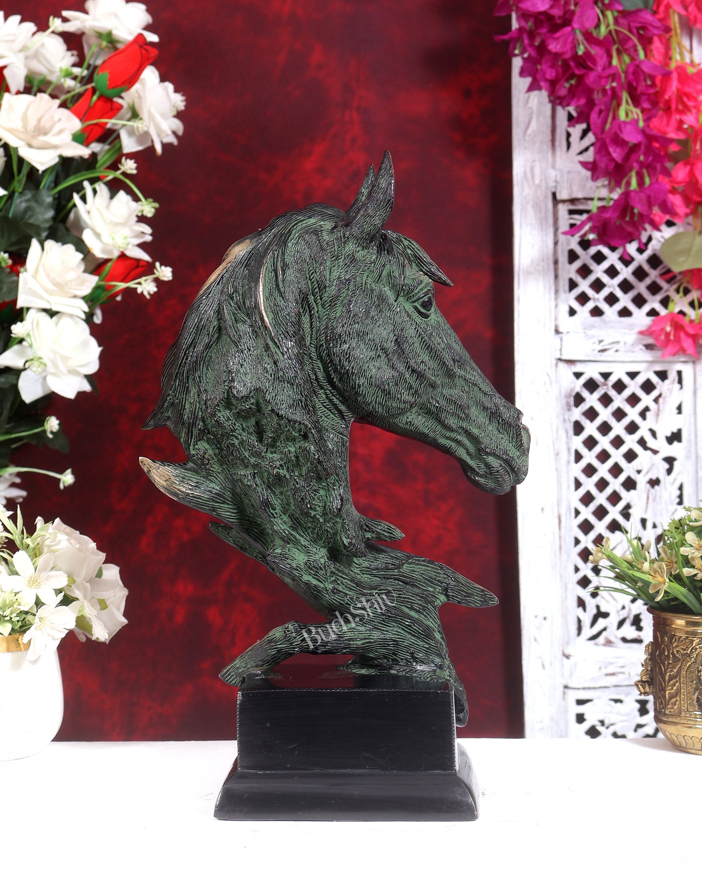 Brass Horse Face Decorative Showpiece (15 Inch) black and green