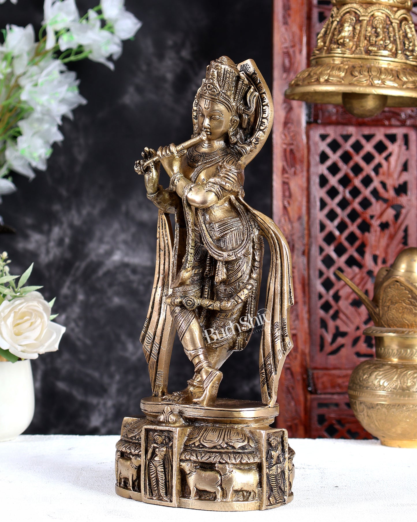 Unique Brass Lord Krishna Statue with Long Matted Hair – Handcrafted Divine Sculpture 12 inch