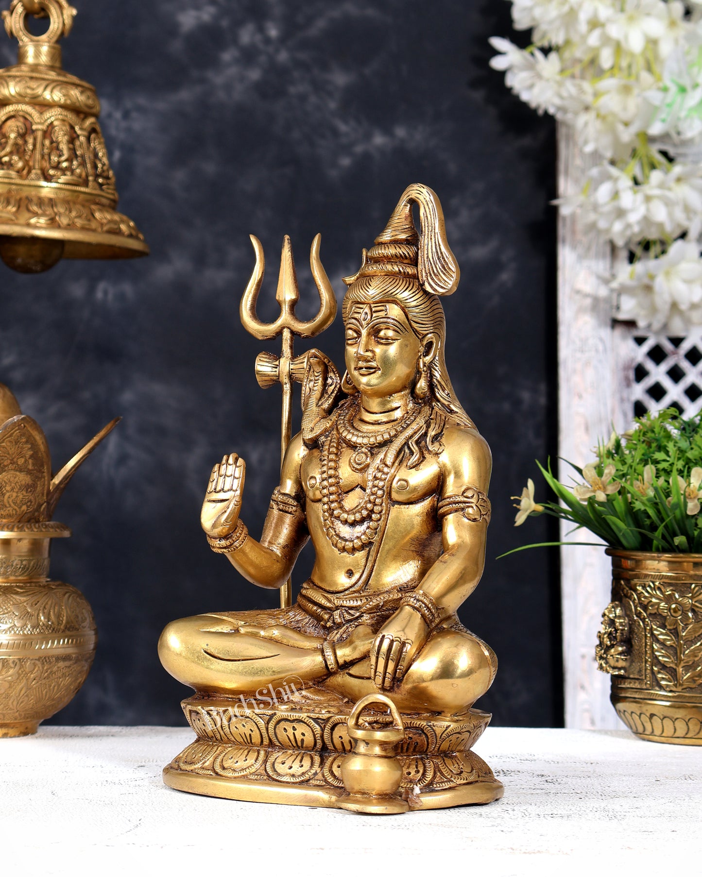 Brass Lord Shiva with Kamandal Statue – Blessing Mudra Divine Idol (10 Inches)