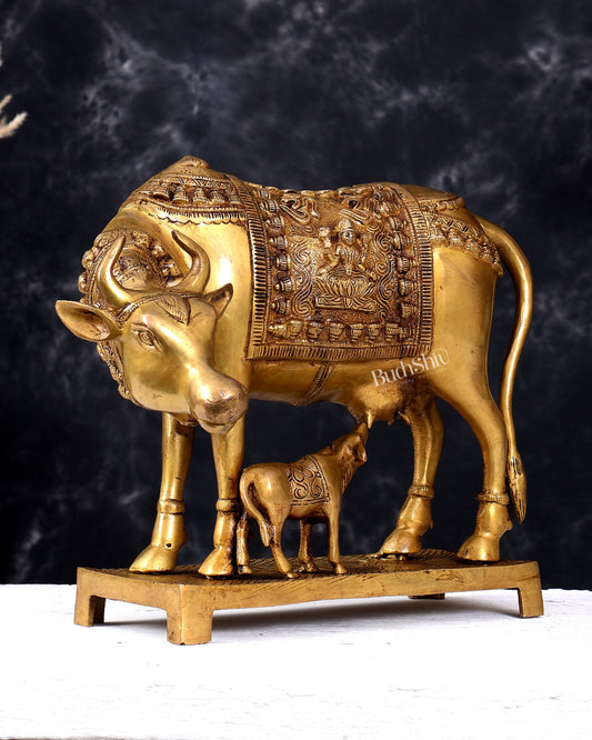 Brass Large Kamadhenu Cow with Calf — Ganesh Lakshmi Carvings 11 inch