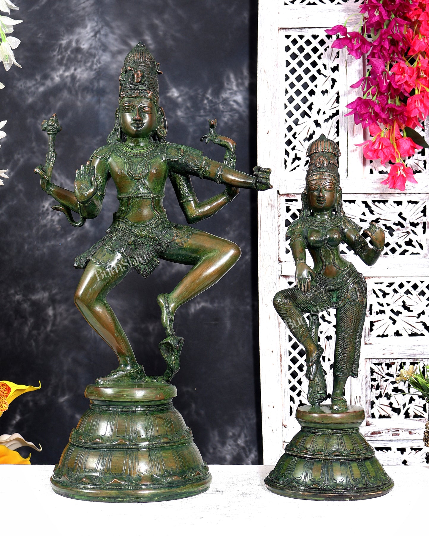 Brass Shiva and Parvati Dancing statues – 22 inch green patina