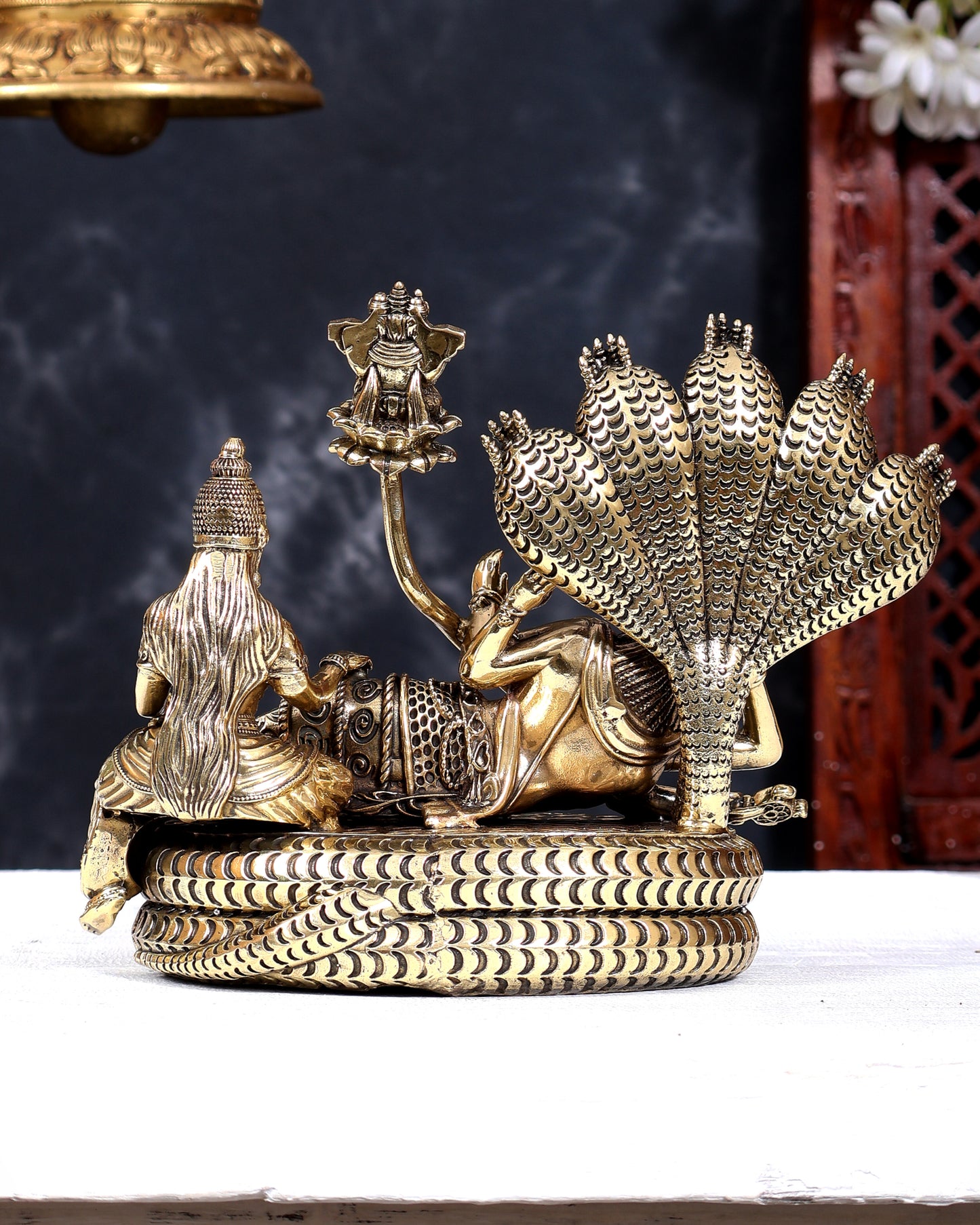 Brass Resting Lakshmi Narayana with Sheshanaag & Brahma Emerging Idol | Pure Brass Anantashayana Vishnu 8 inch