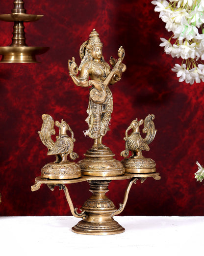 Brass Saraswati with Two Swans — Unique Statue 14.5 inch