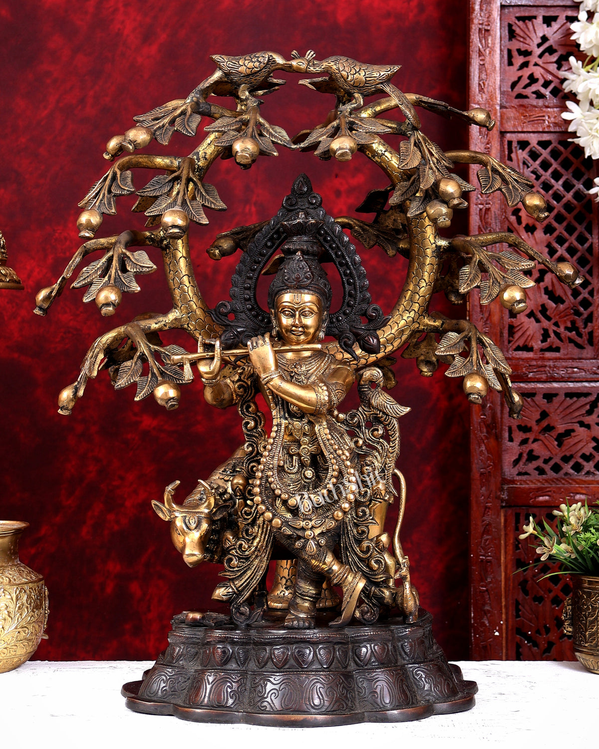 Dual Tone Brass Krishna with Cow Under Large Tree | 22 Inch Statue