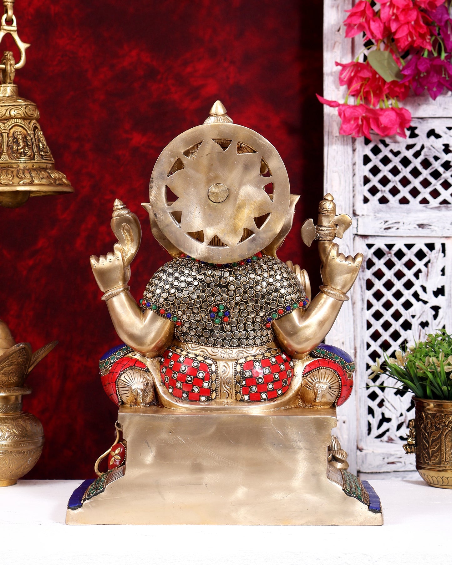 Brass Raja Ganesha on Throne Statue | Highly Detailed Large Idol 15 inch with Stonework