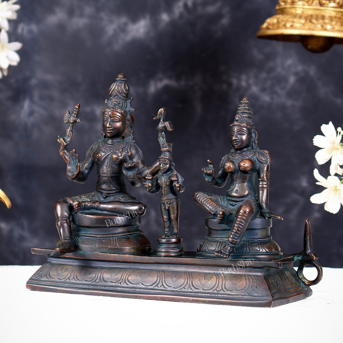 Brass Somaskanda Statue — Shiva, Parvati and Kartikeya Idol chola bronze tone 7 inch