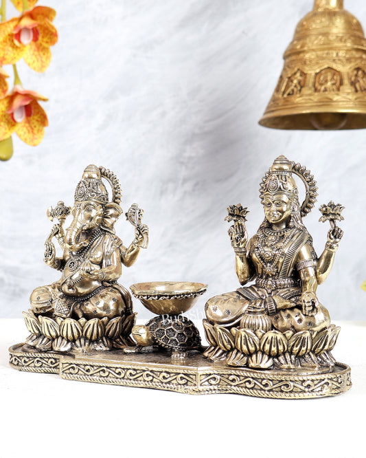 Brass Ganesh Lakshmi Idol with Tortoise Diya – Auspicious Prosperity & Wealth Sculpture 4.5 inch