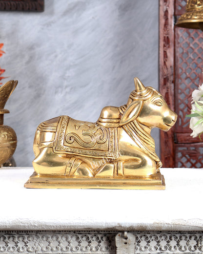 Brass Nandi with Om & Swastik Carvings – Intricately Handcrafted Sacred Bull Sculpture 8 inch