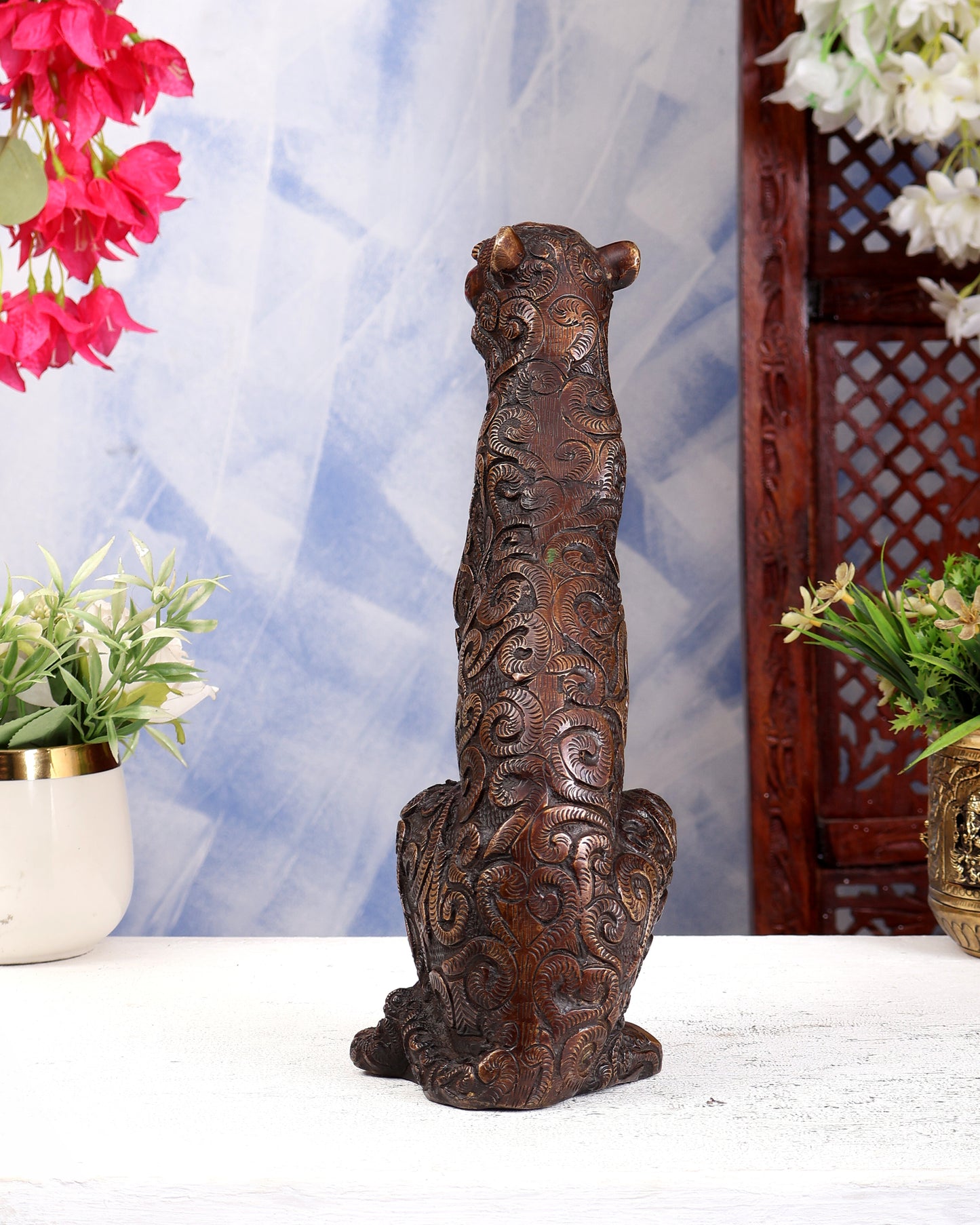 Brass Sitting Leopard Vastu Showpiece — Copper Tone 12 inch