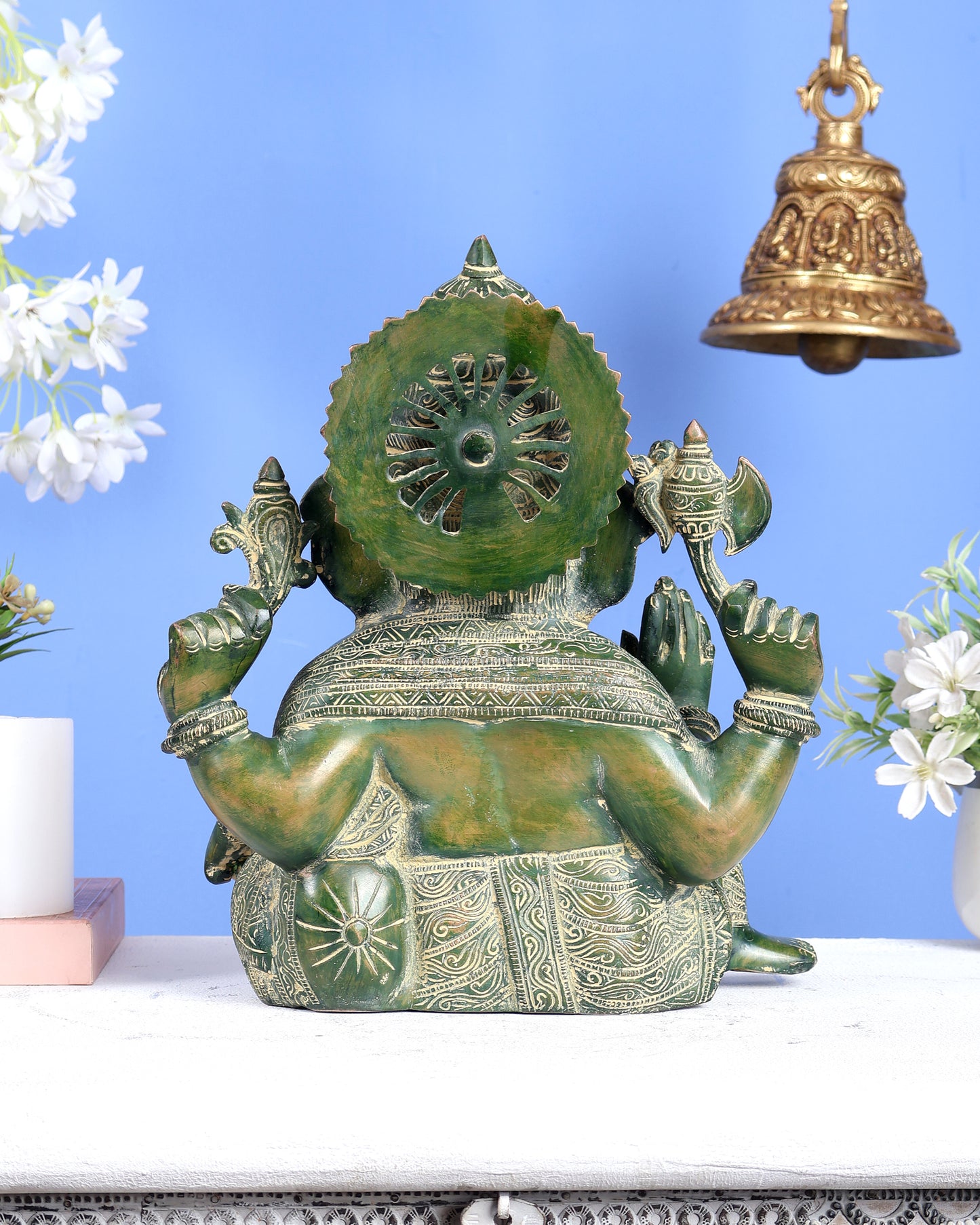 Brass Resting Ganesha Statue – Unique Relaxed Pose Divine Sculpture (11 Inches) green tone