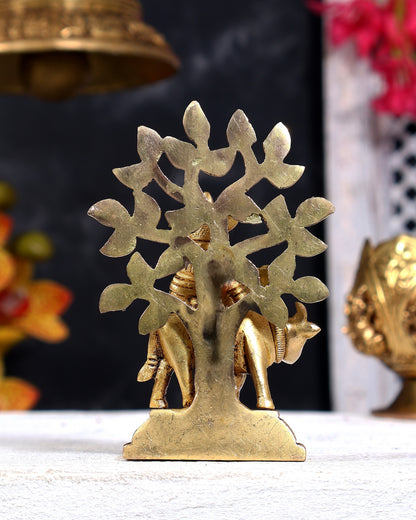 Brass Krishna with Cow and Tree Miniature 4 inch