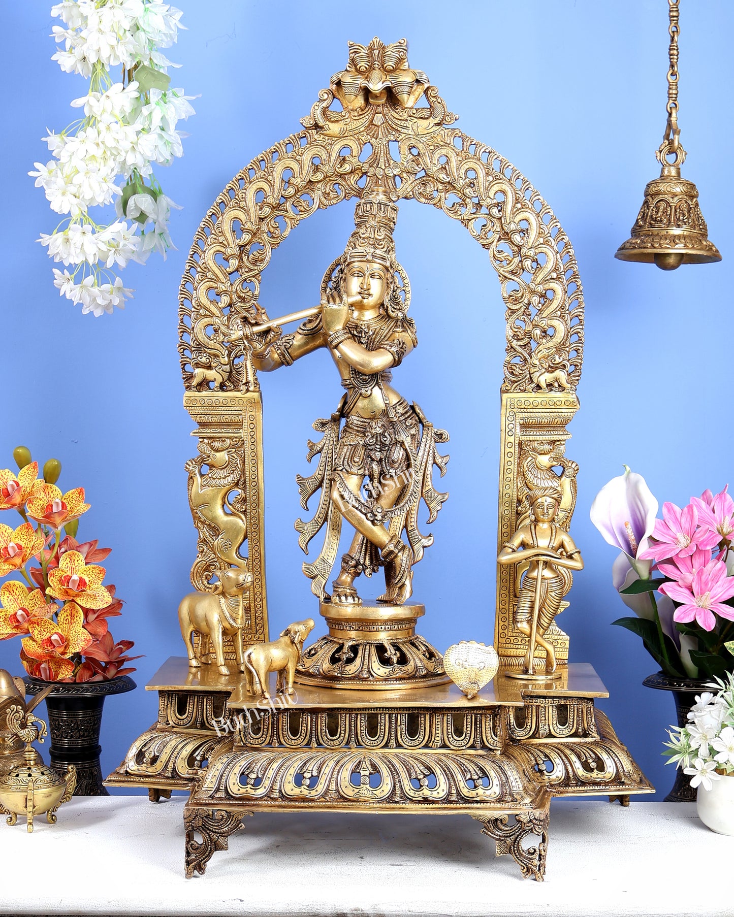 Premium Brass Lord Krishna with Cow, Calf, Sheshanaag, Sudama & Kirtimukha Prabhavali – Grand Venugopala Sculpture (36.5 Inches)