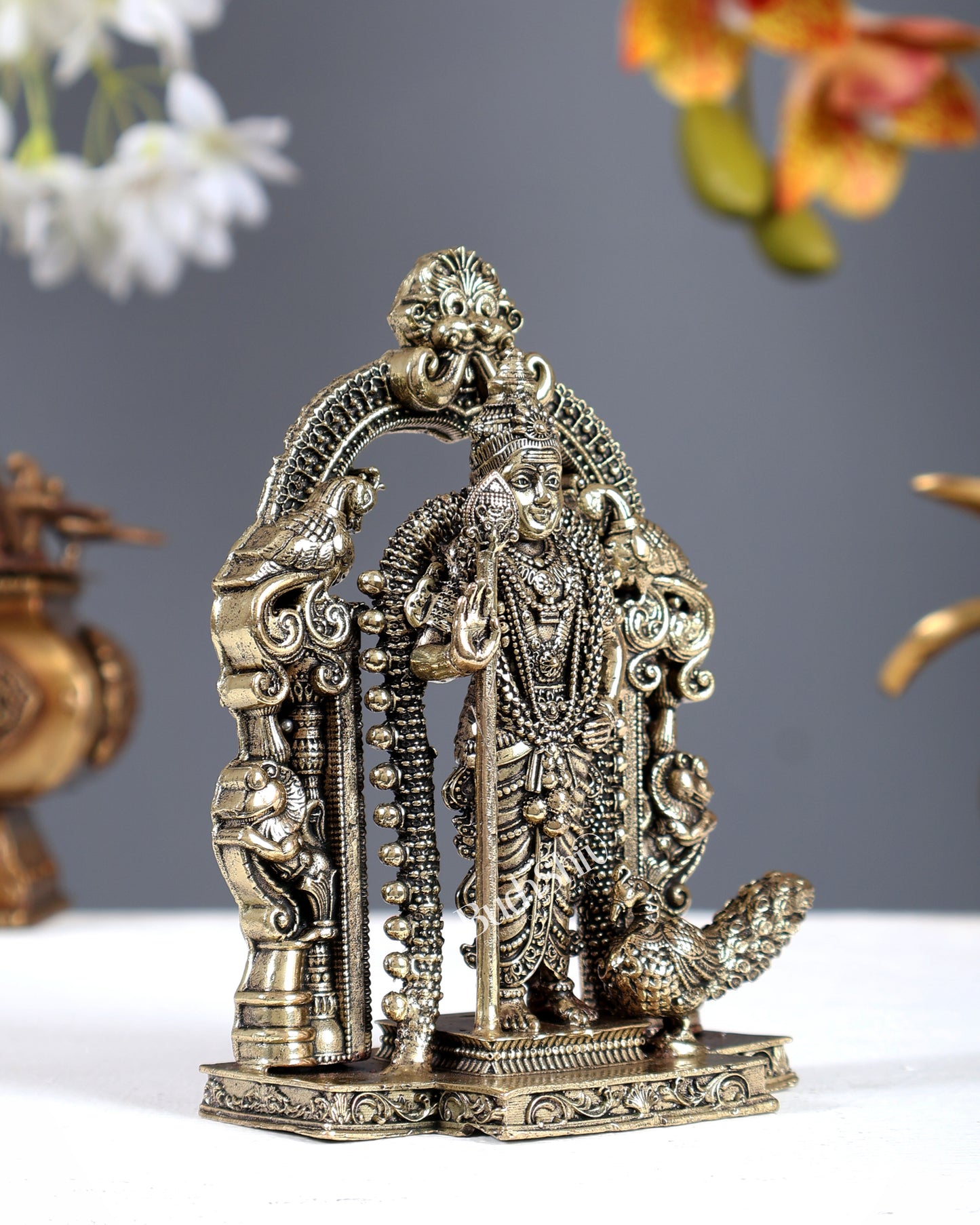 Brass Superfine Murugan Subramanya Swamy Idol with Prabhavali – Intricate Kartikeya Statue (5 Inches)