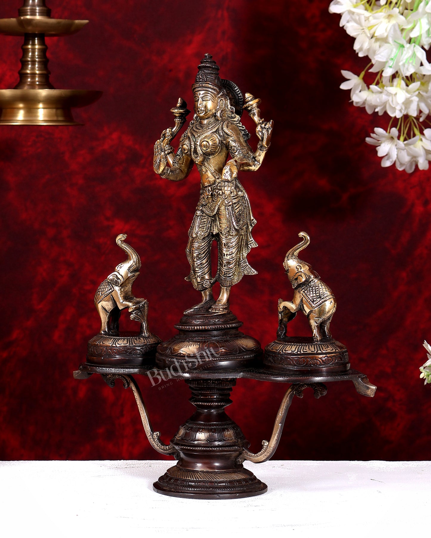 Brass standing Goddess Lakshmi with Two Elephants — Gajalakshmi Masterpiece 14.5 inch dual tone