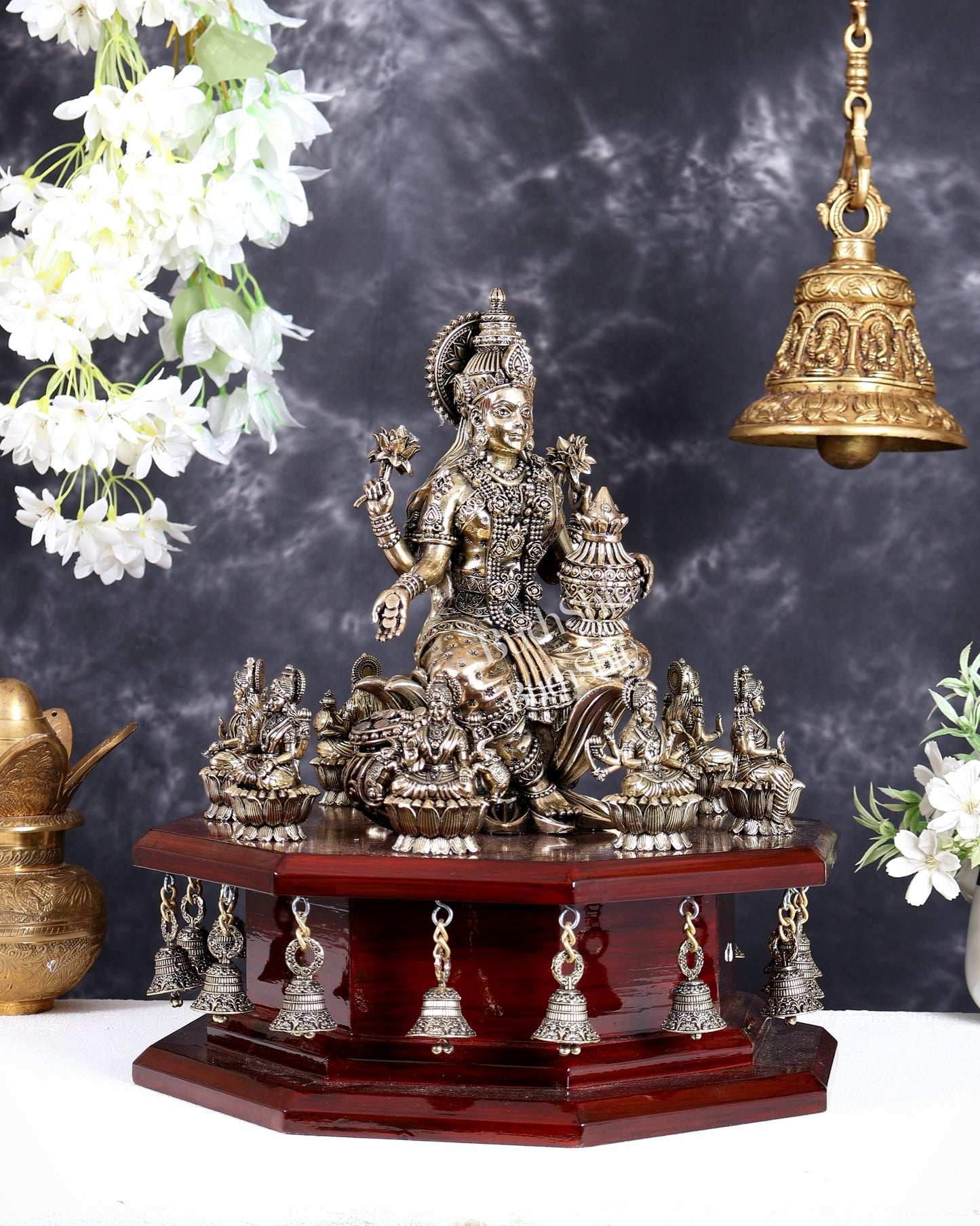 Brass Superfine Mahalakshmi with Ashtalakshmi Idols on Teak Wood Base with Hanging Bells – Divine Prosperity Ensemble (15 Inches)