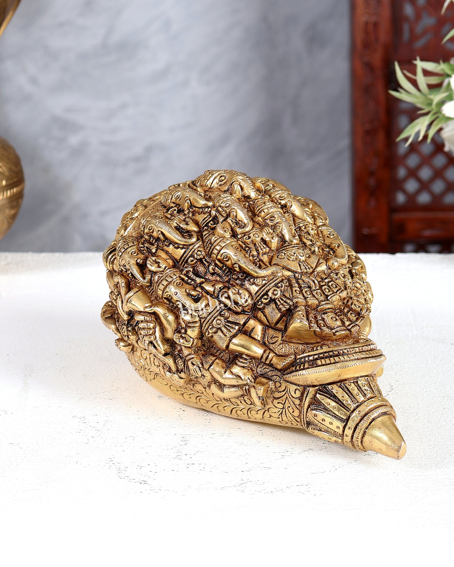 Brass Mahaganapati Shankh – Intricately Detailed Auspicious Lord Ganesha Conch Sculpture 8.5 inch